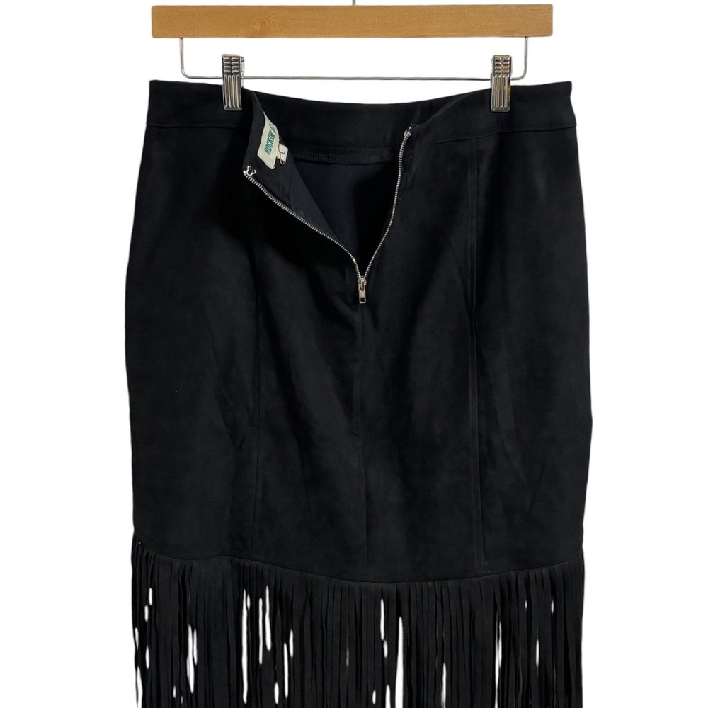 Rockin G Black Faux Suede Long Fringe Western Boho Festival Midi Skirt Large - Picture 11 of 11